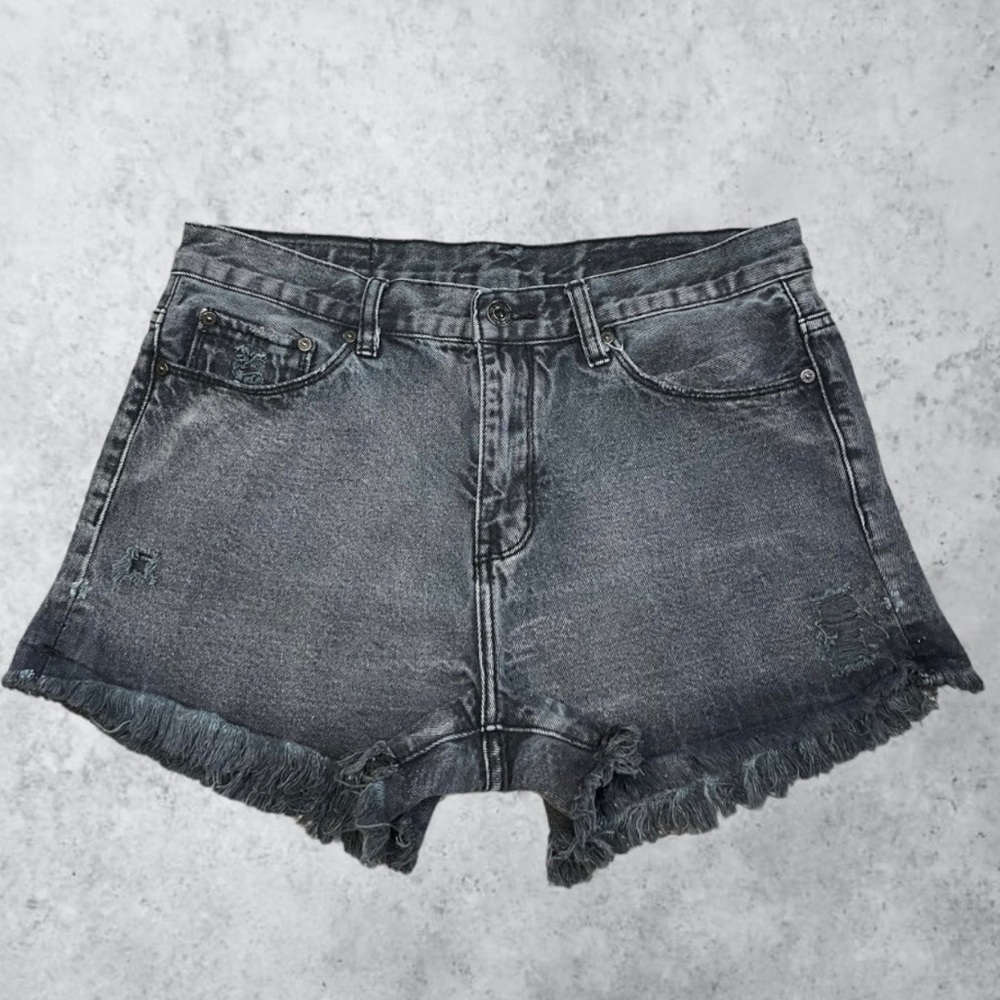 Distressed Black Denim Cut-Off‎ Denim Collab Shorts | W: 33 in